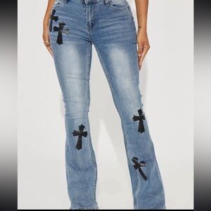 Blue Flared Jeans with Black Cross Patches